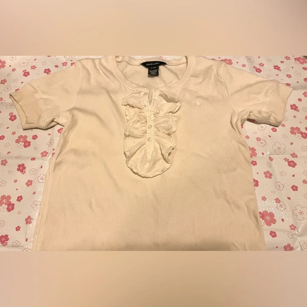 Ralph Lauren Girls Beige Ruffle Button Up Short Sleeve Blouse Size XL (Girls)